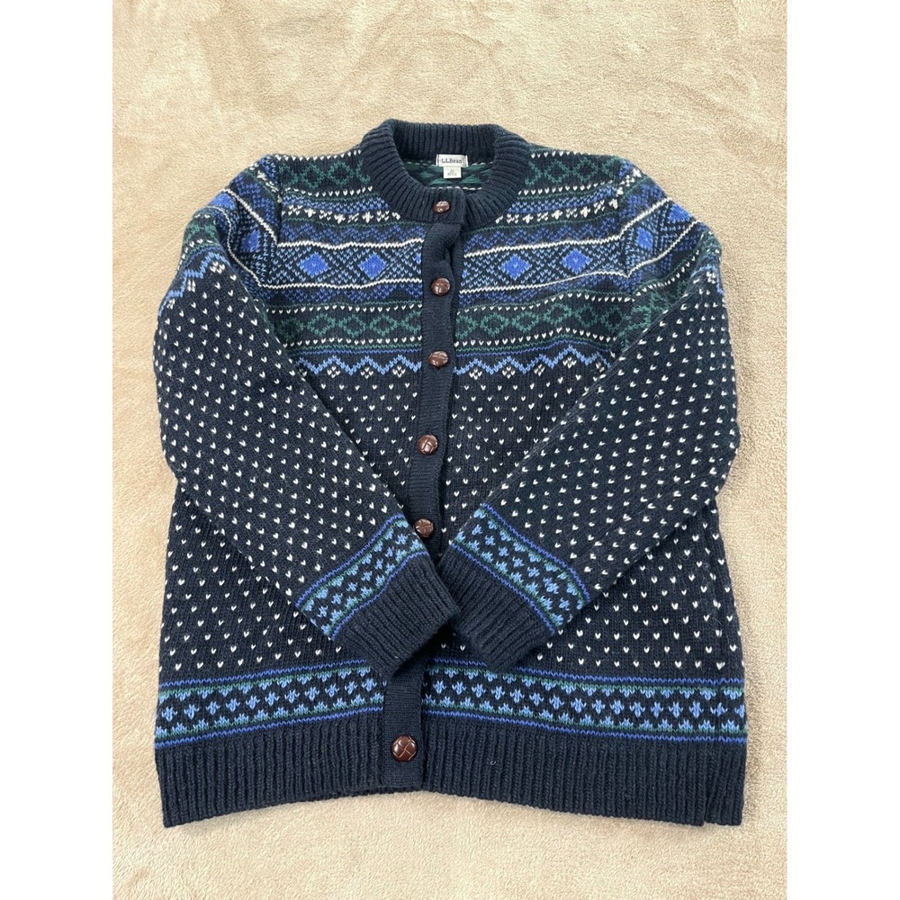 LL Bean Nordic Fair Isle Knit Wool Cardigan Women M Blue Button Up euc 501046
